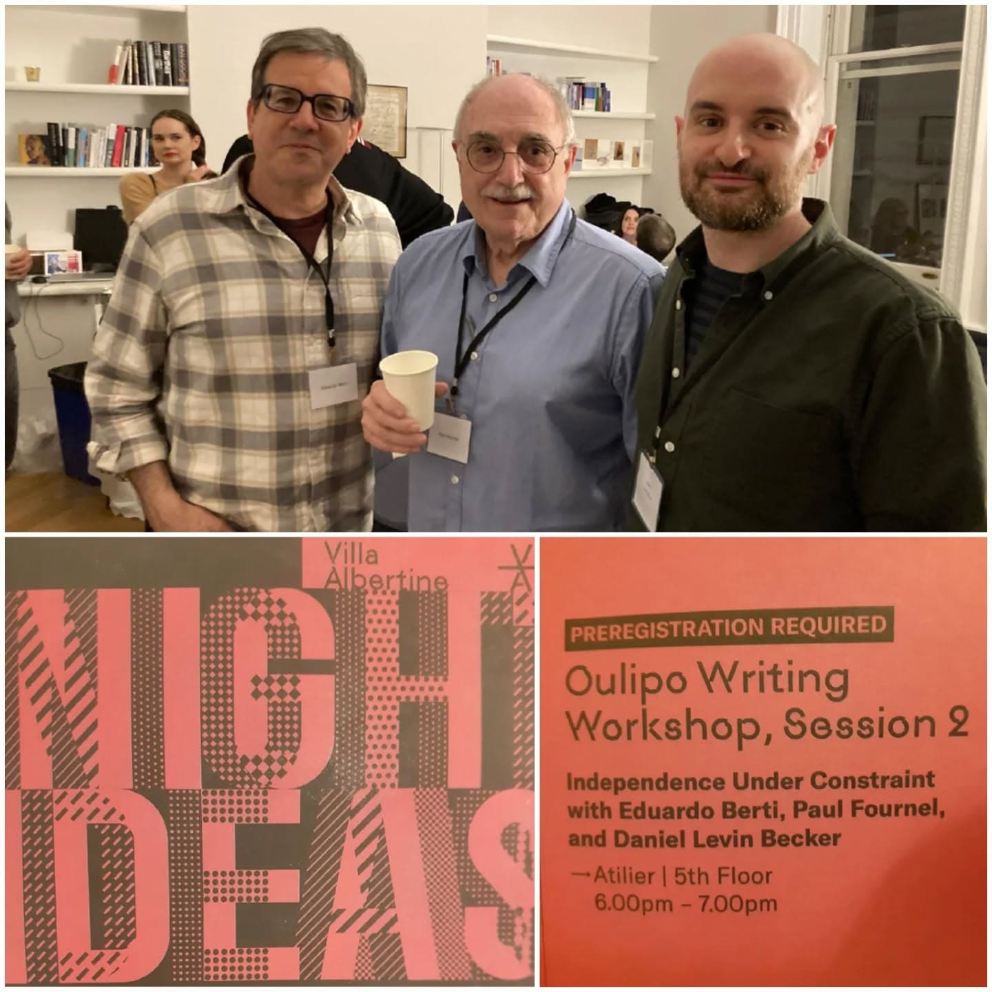 Oulipiens à New York ! Hier soir, l'Oulipo etait à la Villa Albertine de NY pour participer à la "Nuit des idées" (Night of ideas). Paul Fournel à lu des extraits de Raymond Queneau. Et il a animé deux ateliers d'écriture (anglais et français) avec Eduardo Berti et Daniel Levin Becker. #oulipo #raymondqueneau #littératurefrançaise