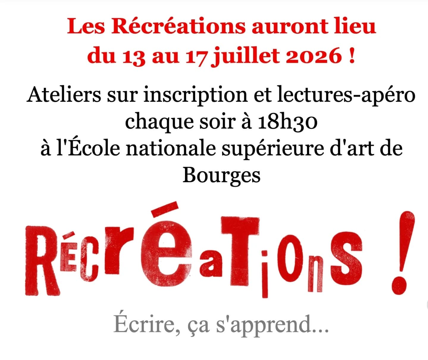 Nouvelle édition des Récréations de Bourges : une semaine d'ateliers d'écriture en compagnie d'auteurs oulipiens ! Cette année, les Récréati…